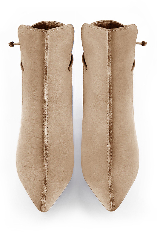 Tan beige women's ankle boots with laces at the back. Tapered toe. High flare heels. Top view - Florence KOOIJMAN
